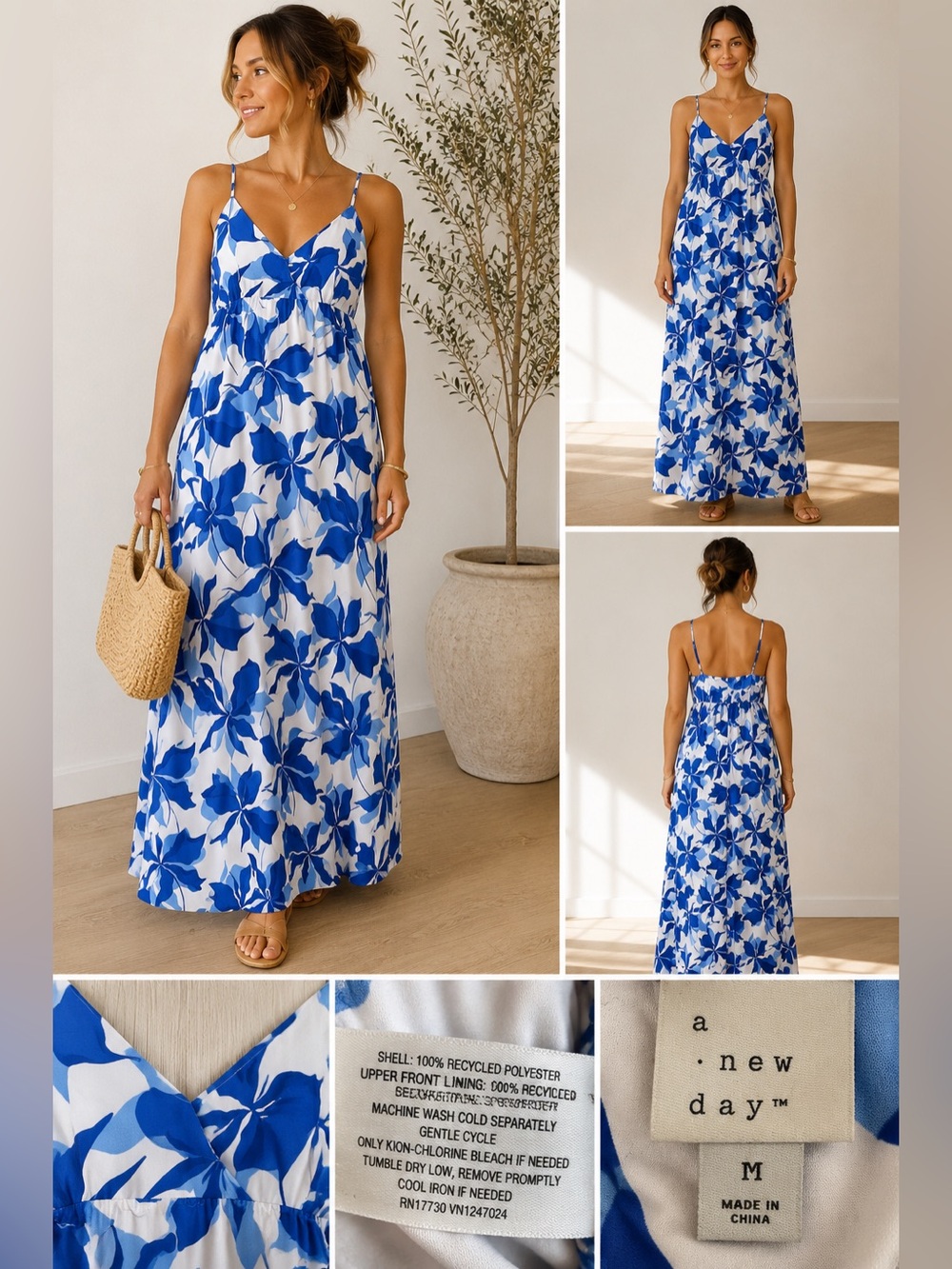 A New Day Blue White Floral V Neck Maxi Dress Size M